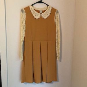 Mustard and lace dress with Peter Pan collar.